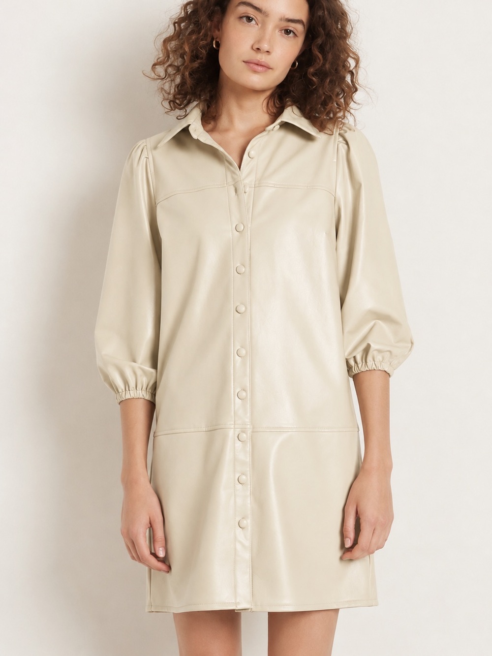 7 For All Mankind faux leather Light Cream Button-Front Shirt Dress